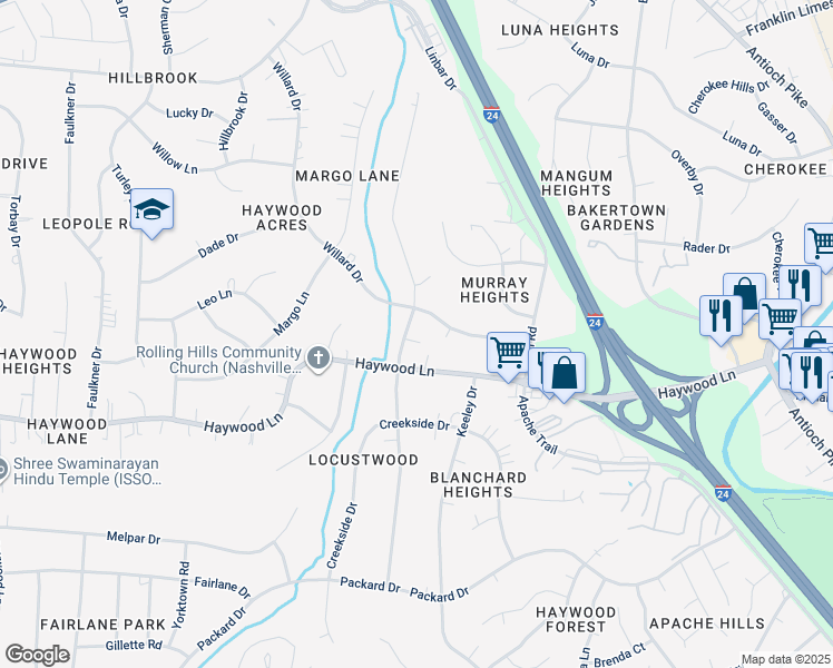 map of restaurants, bars, coffee shops, grocery stores, and more near 3834 East Ridge Drive in Nashville