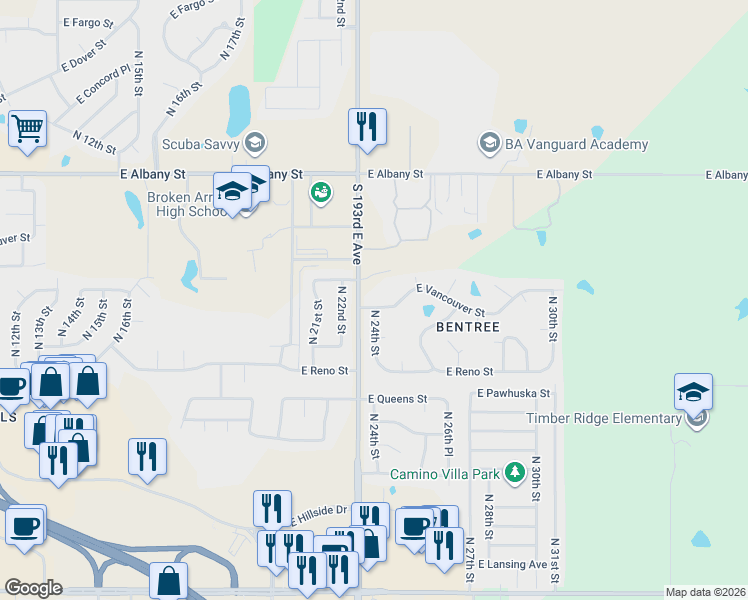 map of restaurants, bars, coffee shops, grocery stores, and more near 2000 North 24th Street in Broken Arrow