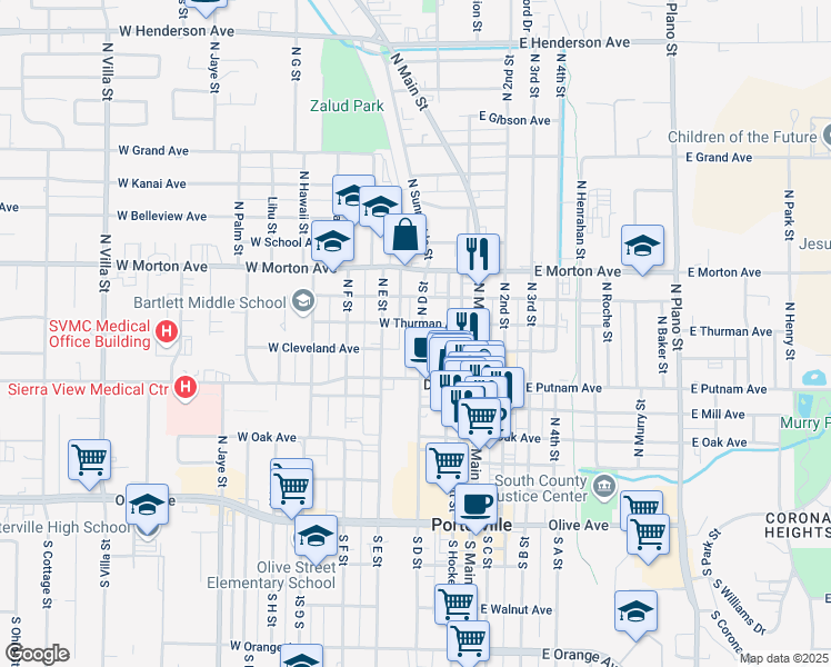 map of restaurants, bars, coffee shops, grocery stores, and more near 303 North D Street in Porterville