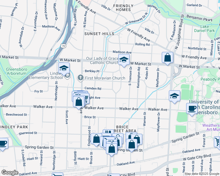map of restaurants, bars, coffee shops, grocery stores, and more near 308 Waverly Way in Greensboro