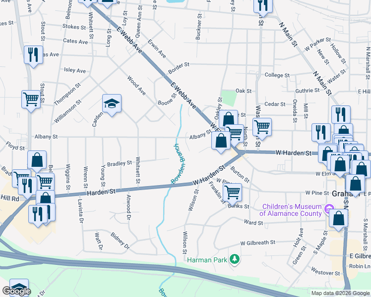 map of restaurants, bars, coffee shops, grocery stores, and more near 120 Albany Street in Graham