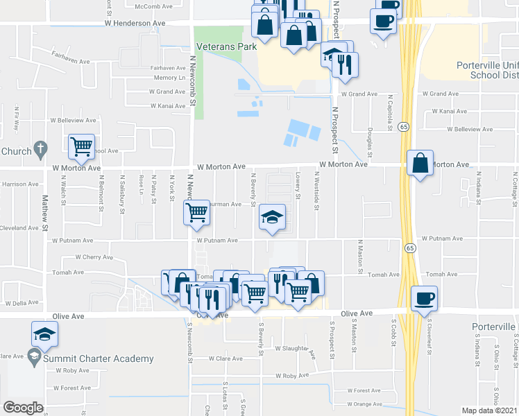 map of restaurants, bars, coffee shops, grocery stores, and more near 1407 West Thurman Avenue in Porterville