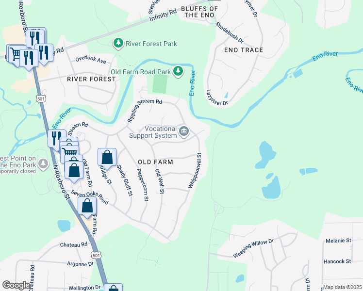 map of restaurants, bars, coffee shops, grocery stores, and more near 704 Wheat Mill Road in Durham
