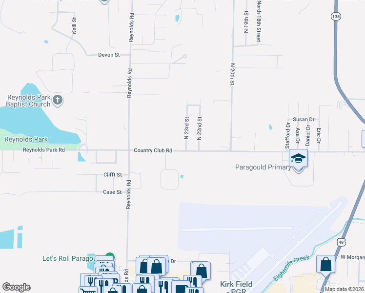 map of restaurants, bars, coffee shops, grocery stores, and more near 2242 Country Club Road in Paragould