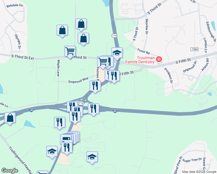 map of restaurants, bars, coffee shops, grocery stores, and more near 1241 South Fifth Street in Mebane