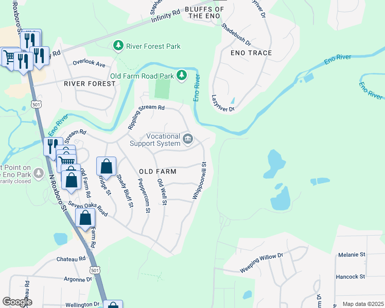 map of restaurants, bars, coffee shops, grocery stores, and more near 5419 Whippoorwill Street in Durham