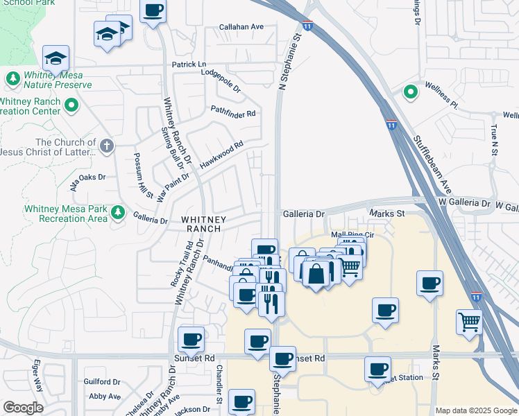 map of restaurants, bars, coffee shops, grocery stores, and more near 855 North Stephanie Street in Henderson