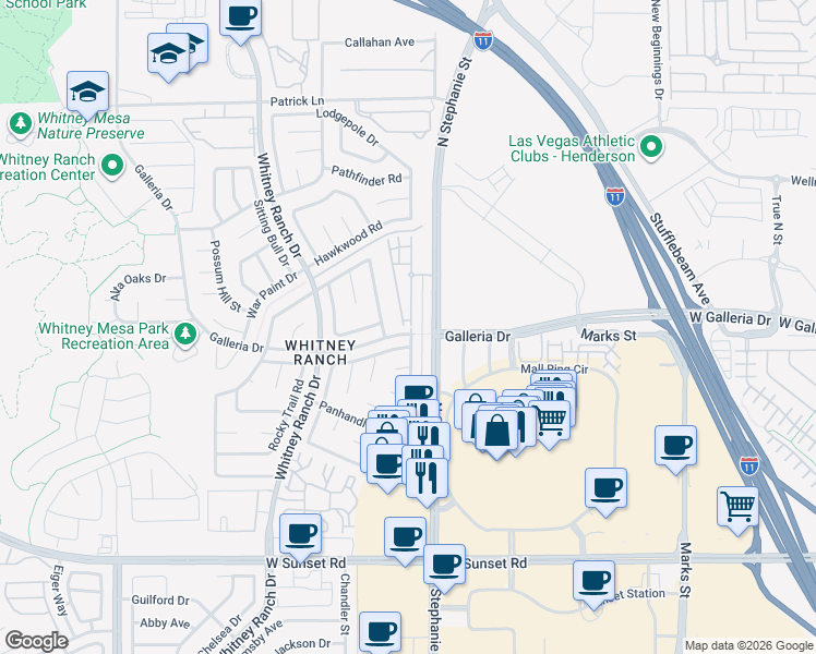 map of restaurants, bars, coffee shops, grocery stores, and more near 774 Panhandle Drive in Henderson