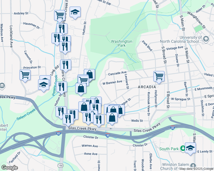 map of restaurants, bars, coffee shops, grocery stores, and more near 520 Park Boulevard in Winston-Salem