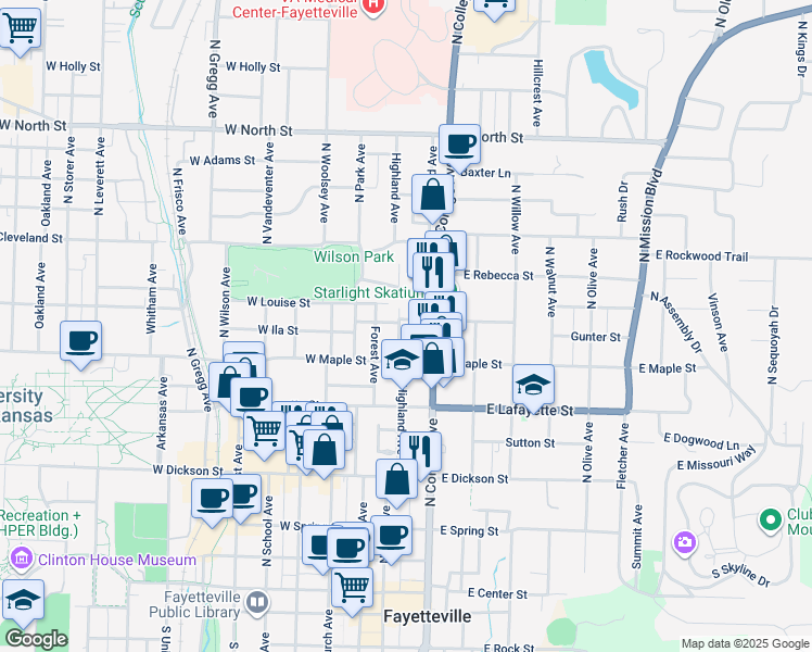 map of restaurants, bars, coffee shops, grocery stores, and more near 530 Highland Avenue in Fayetteville