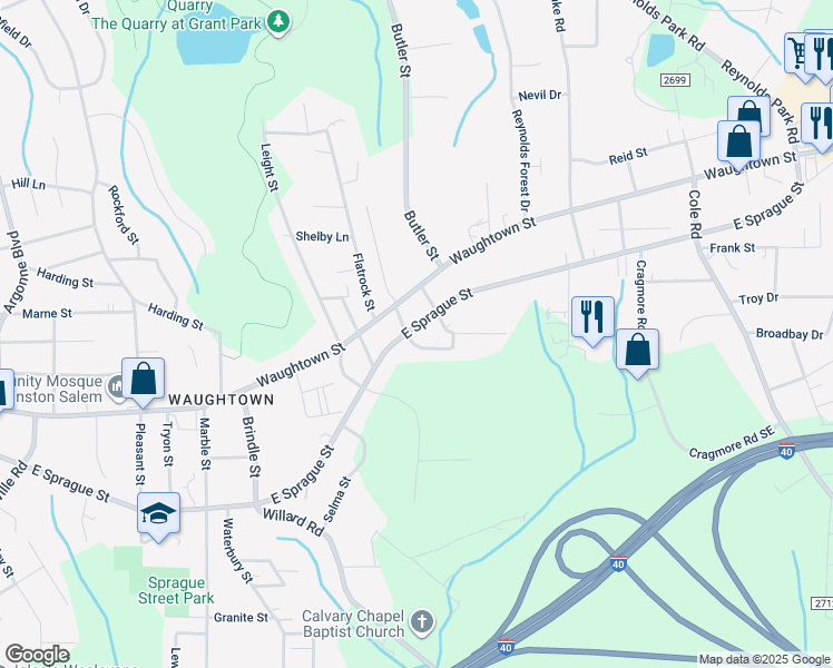 map of restaurants, bars, coffee shops, grocery stores, and more near 2108 East Sprague Street in Winston-Salem