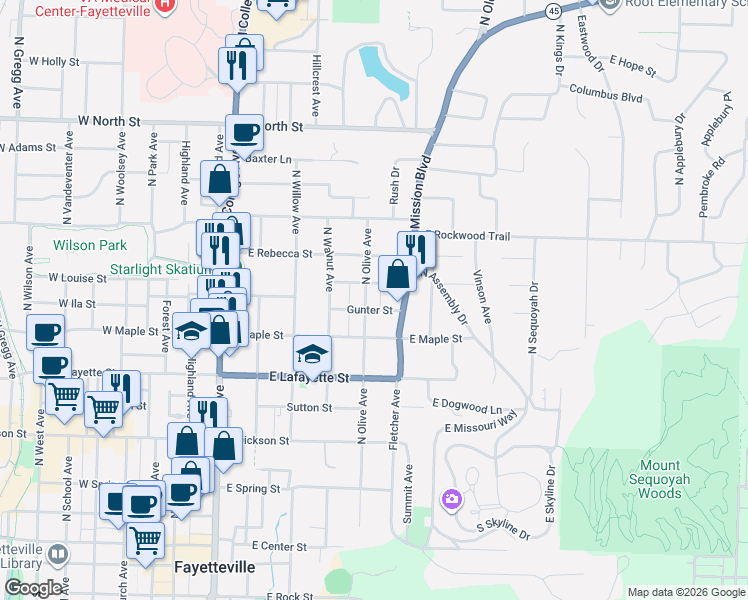 map of restaurants, bars, coffee shops, grocery stores, and more near 545 Gunter Street in Fayetteville
