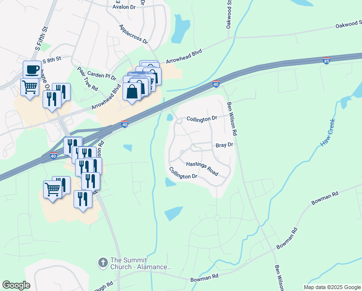 map of restaurants, bars, coffee shops, grocery stores, and more near 304 Sutton Pl in Mebane