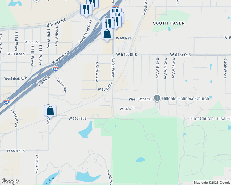 map of restaurants, bars, coffee shops, grocery stores, and more near 6337 South 49th West Avenue in Tulsa