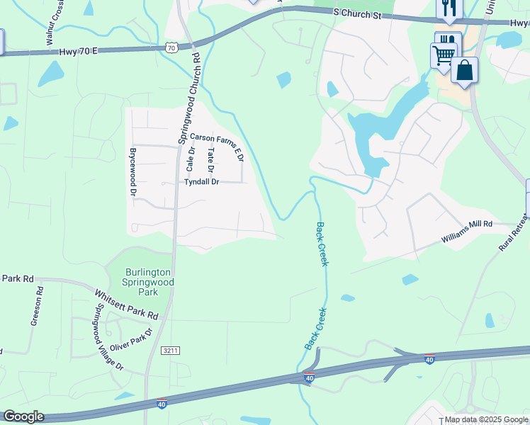 map of restaurants, bars, coffee shops, grocery stores, and more near 1306 Ingle Court in Burlington