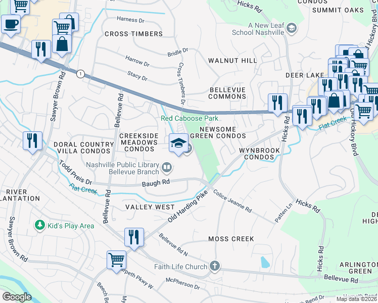map of restaurants, bars, coffee shops, grocery stores, and more near 655 Colice Jeanne Road in Nashville
