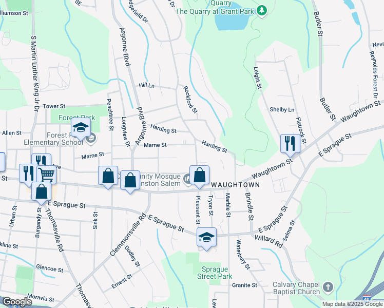 map of restaurants, bars, coffee shops, grocery stores, and more near 1816 Pleasant Street in Winston-Salem