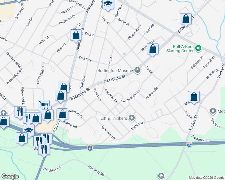 map of restaurants, bars, coffee shops, grocery stores, and more near 736 Shawnee Drive in Burlington