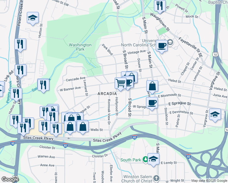 map of restaurants, bars, coffee shops, grocery stores, and more near West Acadia Avenue in Winston-Salem