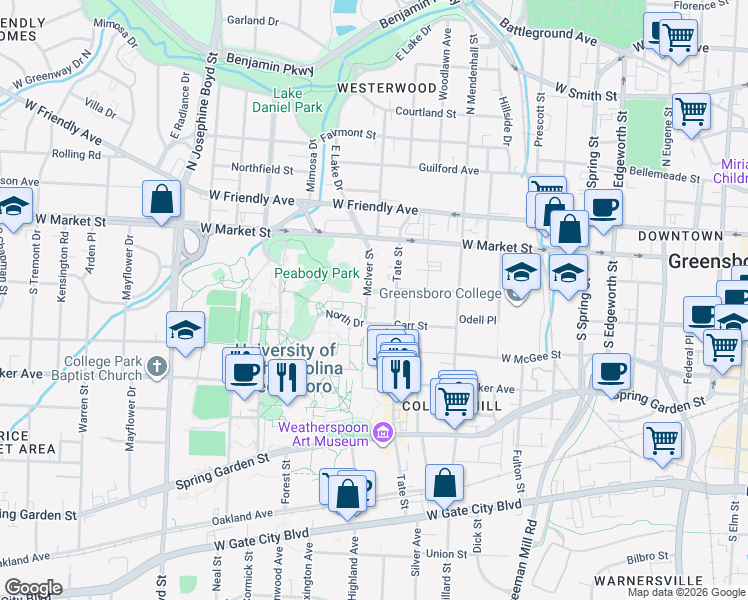 map of restaurants, bars, coffee shops, grocery stores, and more near 218 State Street in Greensboro