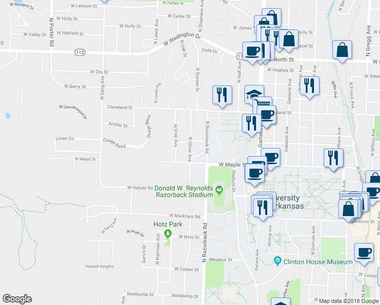 map of restaurants, bars, coffee shops, grocery stores, and more near 547 North Oliver Avenue in Fayetteville