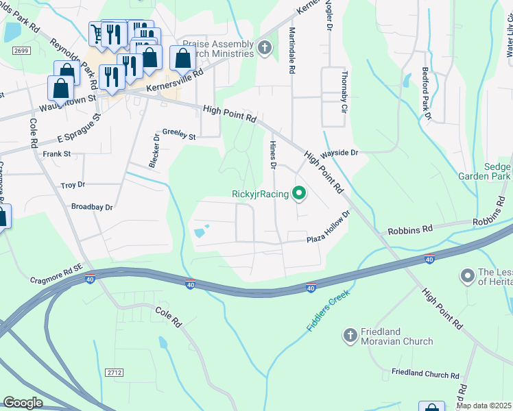 map of restaurants, bars, coffee shops, grocery stores, and more near 3225 Ridgeback Drive in Winston-Salem