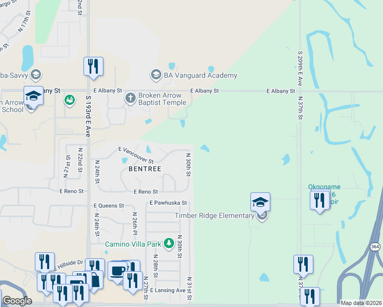 map of restaurants, bars, coffee shops, grocery stores, and more near 1905 North 30th Street in Broken Arrow
