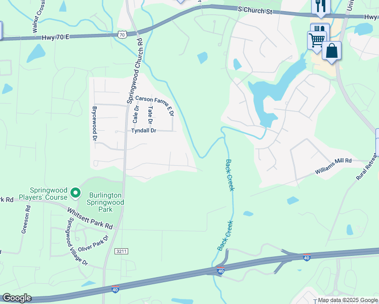 map of restaurants, bars, coffee shops, grocery stores, and more near 1306 Ingle Court in Burlington