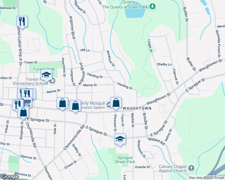 map of restaurants, bars, coffee shops, grocery stores, and more near 1816 Pleasant Street in Winston-Salem