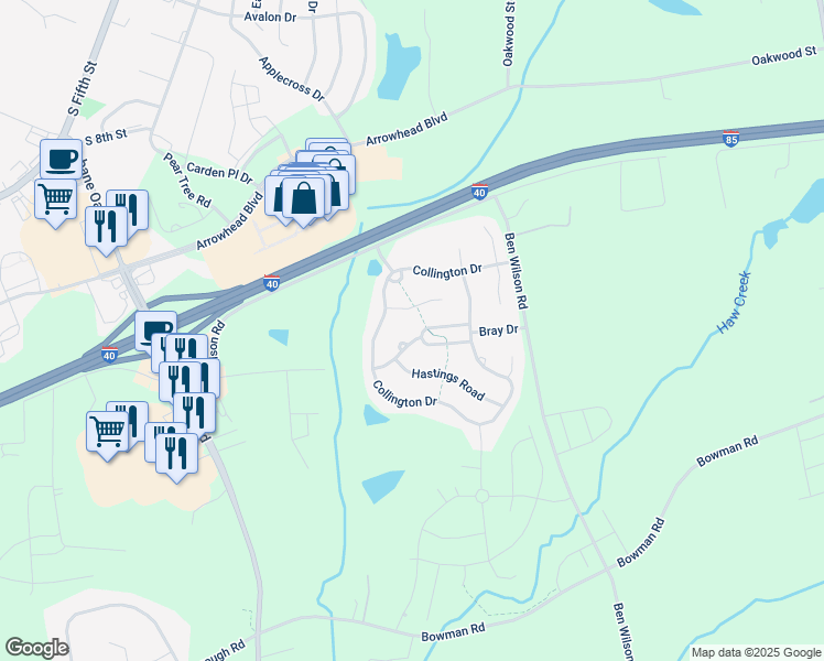map of restaurants, bars, coffee shops, grocery stores, and more near 300 Sutton Place in Mebane