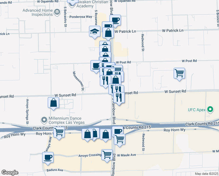 map of restaurants, bars, coffee shops, grocery stores, and more near 102 West Sunset Road in Las Vegas