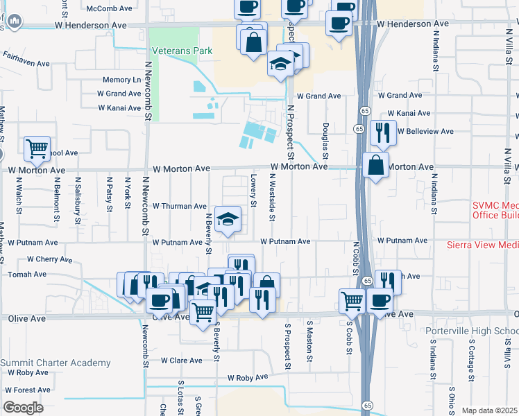 map of restaurants, bars, coffee shops, grocery stores, and more near 258 Lowery Street in Porterville