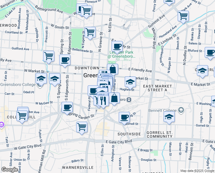 map of restaurants, bars, coffee shops, grocery stores, and more near 221 South Elm Street in Greensboro