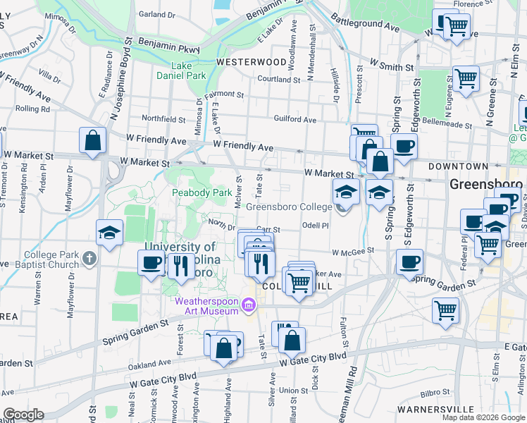 map of restaurants, bars, coffee shops, grocery stores, and more near 930 Carr Street in Greensboro