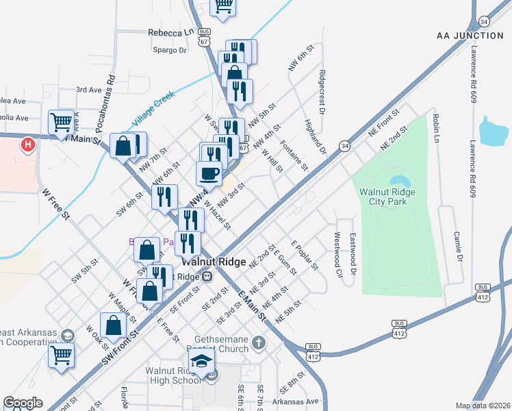 map of restaurants, bars, coffee shops, grocery stores, and more near 322 Northwest 2nd Street in Walnut Ridge