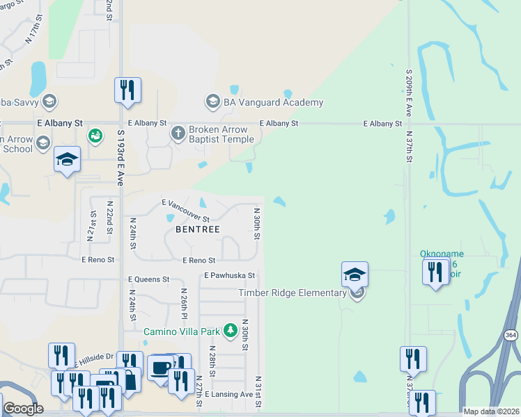 map of restaurants, bars, coffee shops, grocery stores, and more near 1905 North 30th Street in Broken Arrow