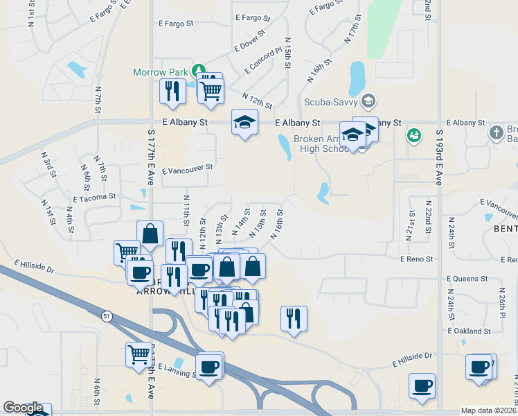 map of restaurants, bars, coffee shops, grocery stores, and more near 1821 North 14th Street in Broken Arrow