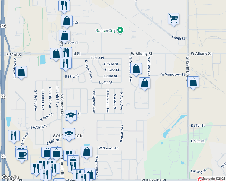 map of restaurants, bars, coffee shops, grocery stores, and more near 1902 North Aster Place in Broken Arrow
