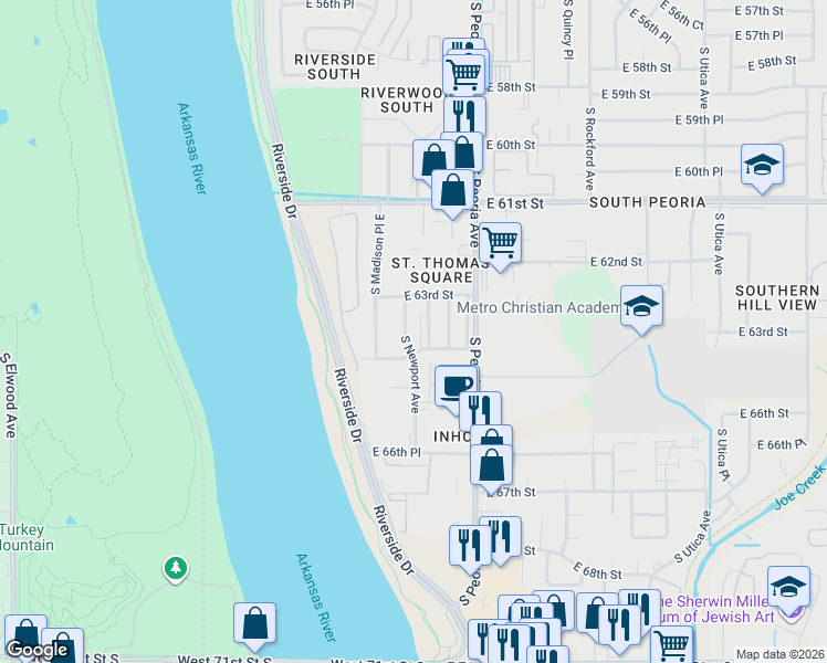 map of restaurants, bars, coffee shops, grocery stores, and more near 1114 East 64th Street in Tulsa
