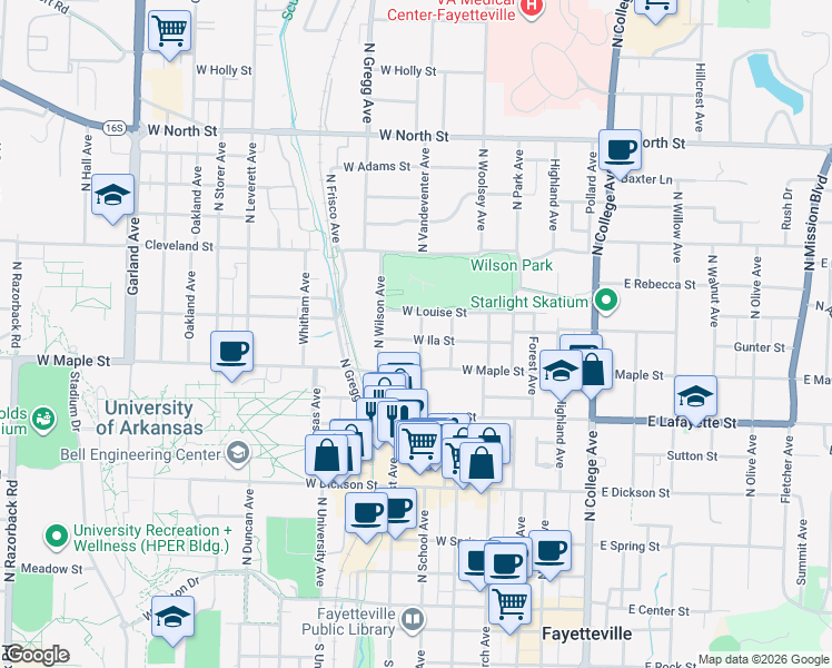 map of restaurants, bars, coffee shops, grocery stores, and more near 328 West Maple Street in Fayetteville
