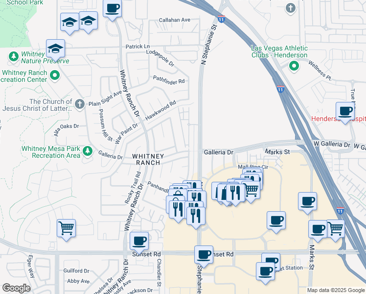 map of restaurants, bars, coffee shops, grocery stores, and more near 855 North Stephanie Street in Henderson