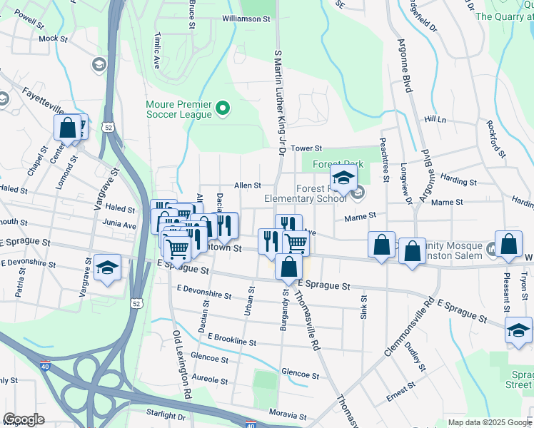 map of restaurants, bars, coffee shops, grocery stores, and more near 2057 Urban Street in Winston-Salem