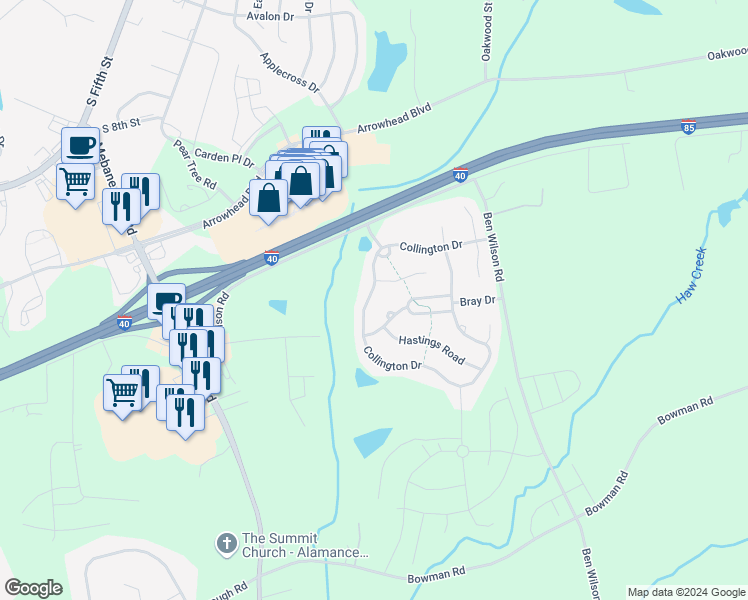 map of restaurants, bars, coffee shops, grocery stores, and more near 507 Collington Drive in Mebane