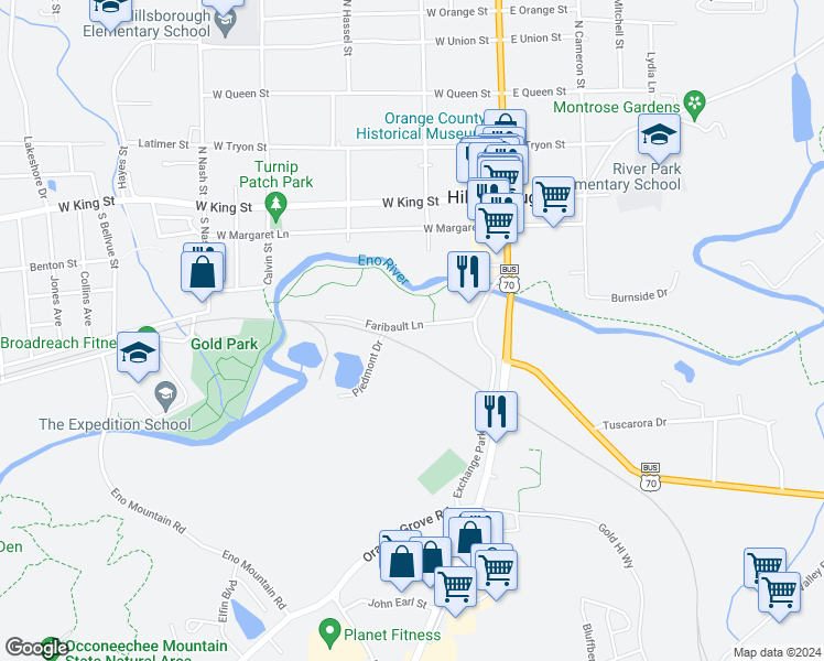 map of restaurants, bars, coffee shops, grocery stores, and more near 144 Faribault Lane in Hillsborough