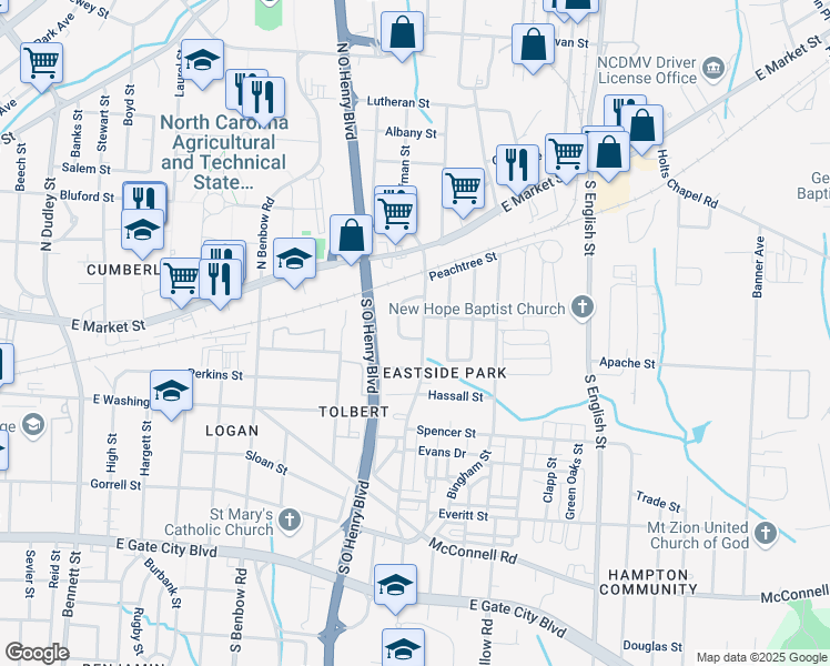 map of restaurants, bars, coffee shops, grocery stores, and more near 311 Gillespie Street in Greensboro