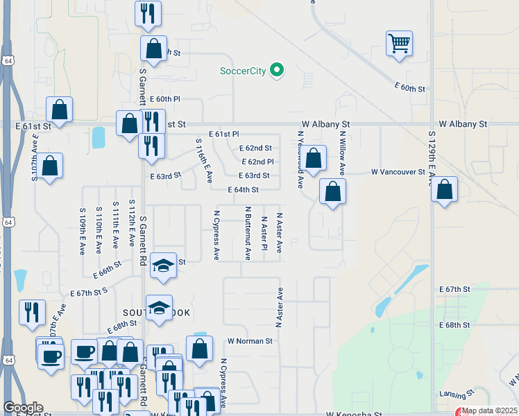 map of restaurants, bars, coffee shops, grocery stores, and more near 1902 North Aster Place in Broken Arrow