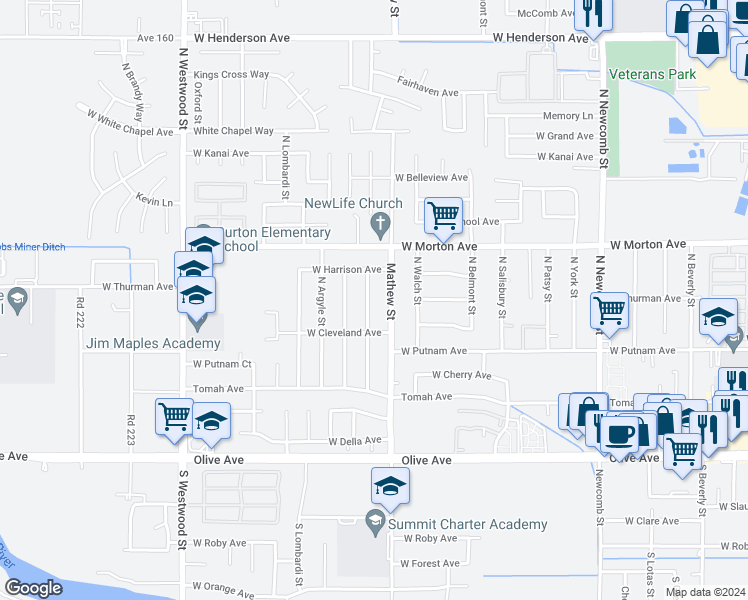 map of restaurants, bars, coffee shops, grocery stores, and more near 298 Balmoral Drive in Porterville