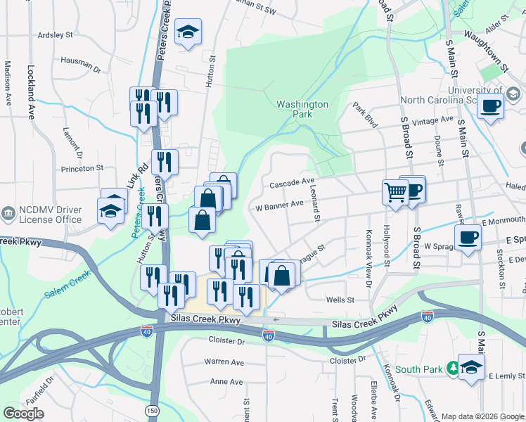 map of restaurants, bars, coffee shops, grocery stores, and more near 520 Park Boulevard in Winston-Salem