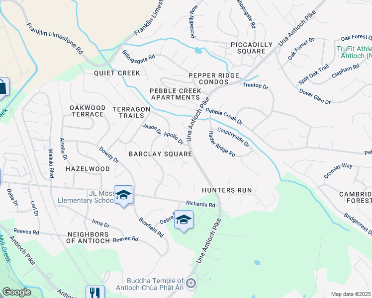 map of restaurants, bars, coffee shops, grocery stores, and more near 4830 Apollo Drive in Nashville