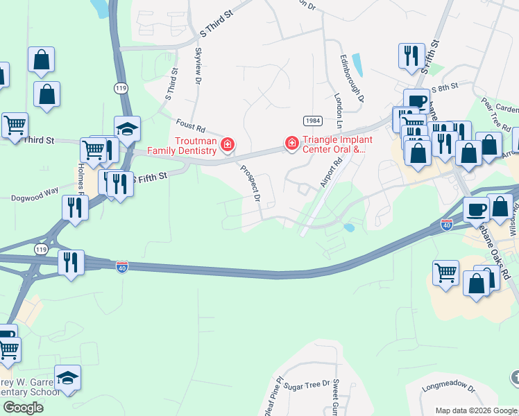 map of restaurants, bars, coffee shops, grocery stores, and more near 1117 South 5th Street in Mebane